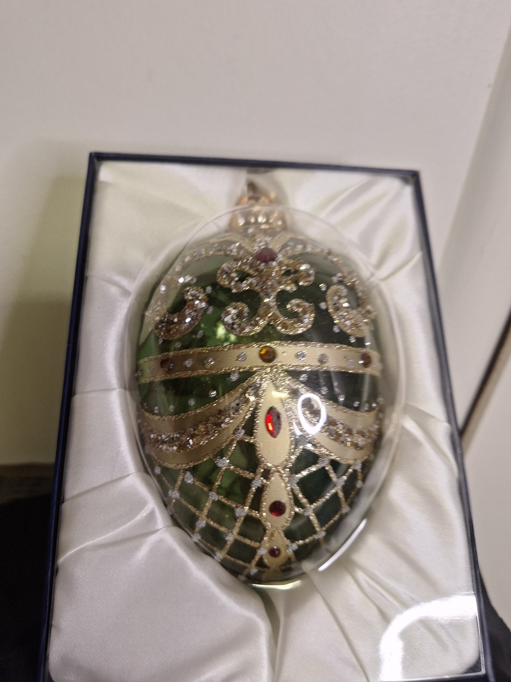 Large Hand-Painted Dk Green and Gold Decorative Egg Ornament 6.5" X 5" - Picture 3 of 6